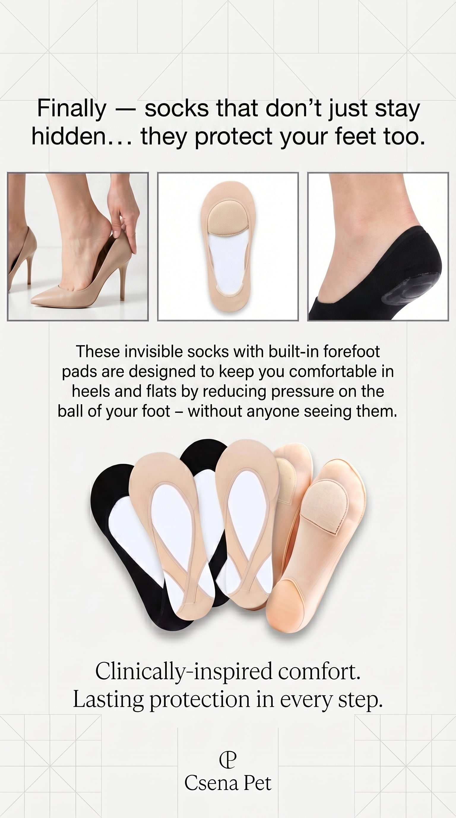 Invisible Cushion Socks with Built-In Pads (3 Pairs) – Non-Slip Comfort for Heels & Flats